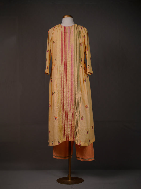 Yellow Kurti with Thread Work Buttis, Sequins, Front Slit n Pants