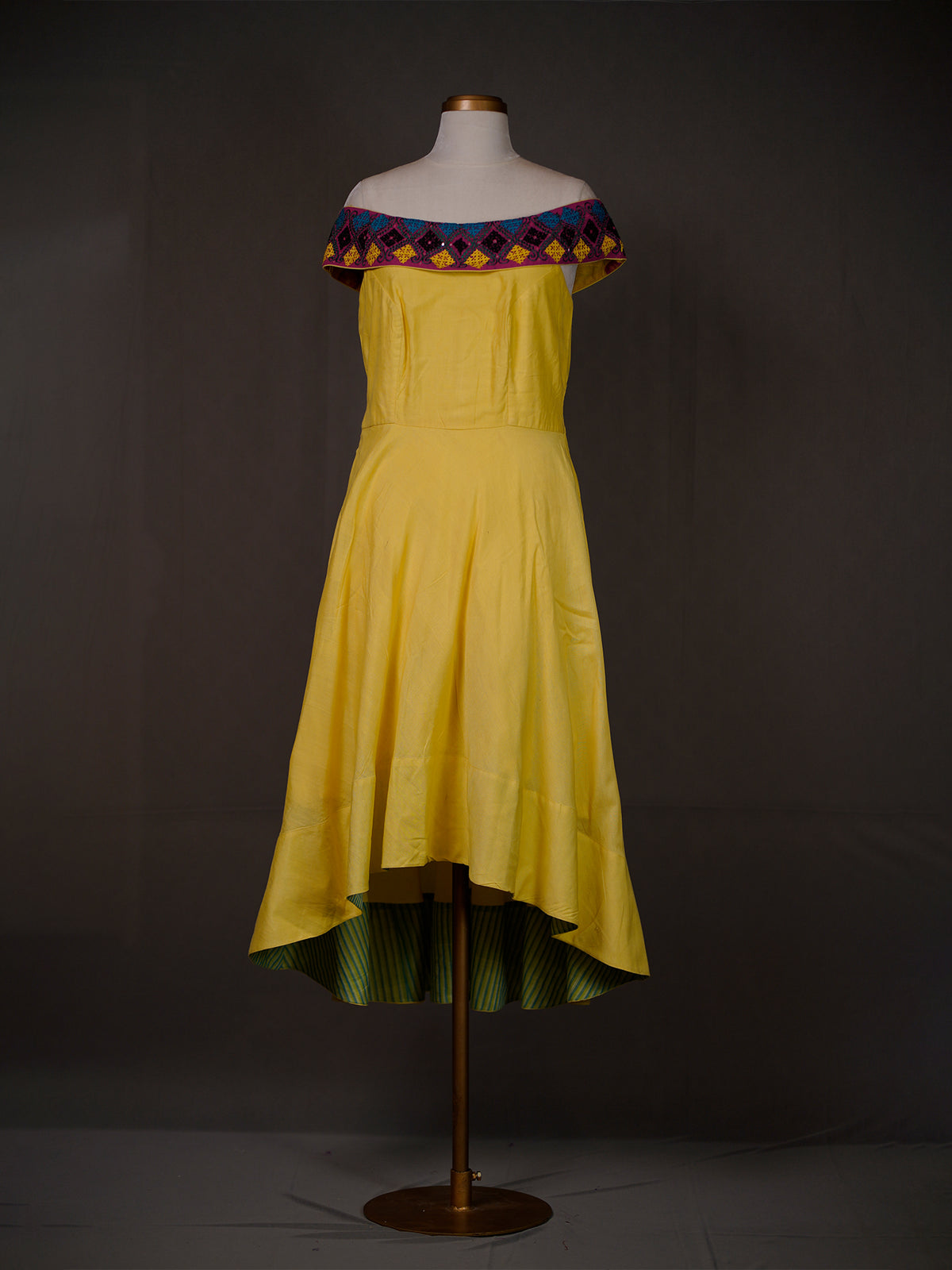 Yellow Off-Shoulder High-Low Dress with Striking Kutch Work Flap