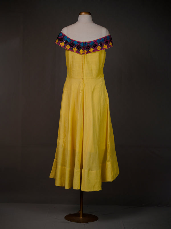 Yellow Off-Shoulder High-Low Dress with Striking Kutch Work Flap