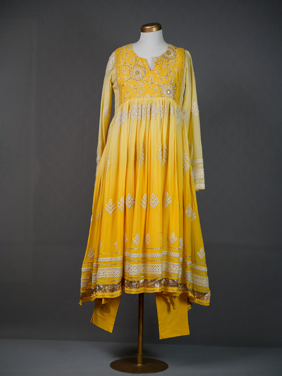 Yellow Shaded Anarkali Kurti with Mirror Embroidery and Pants