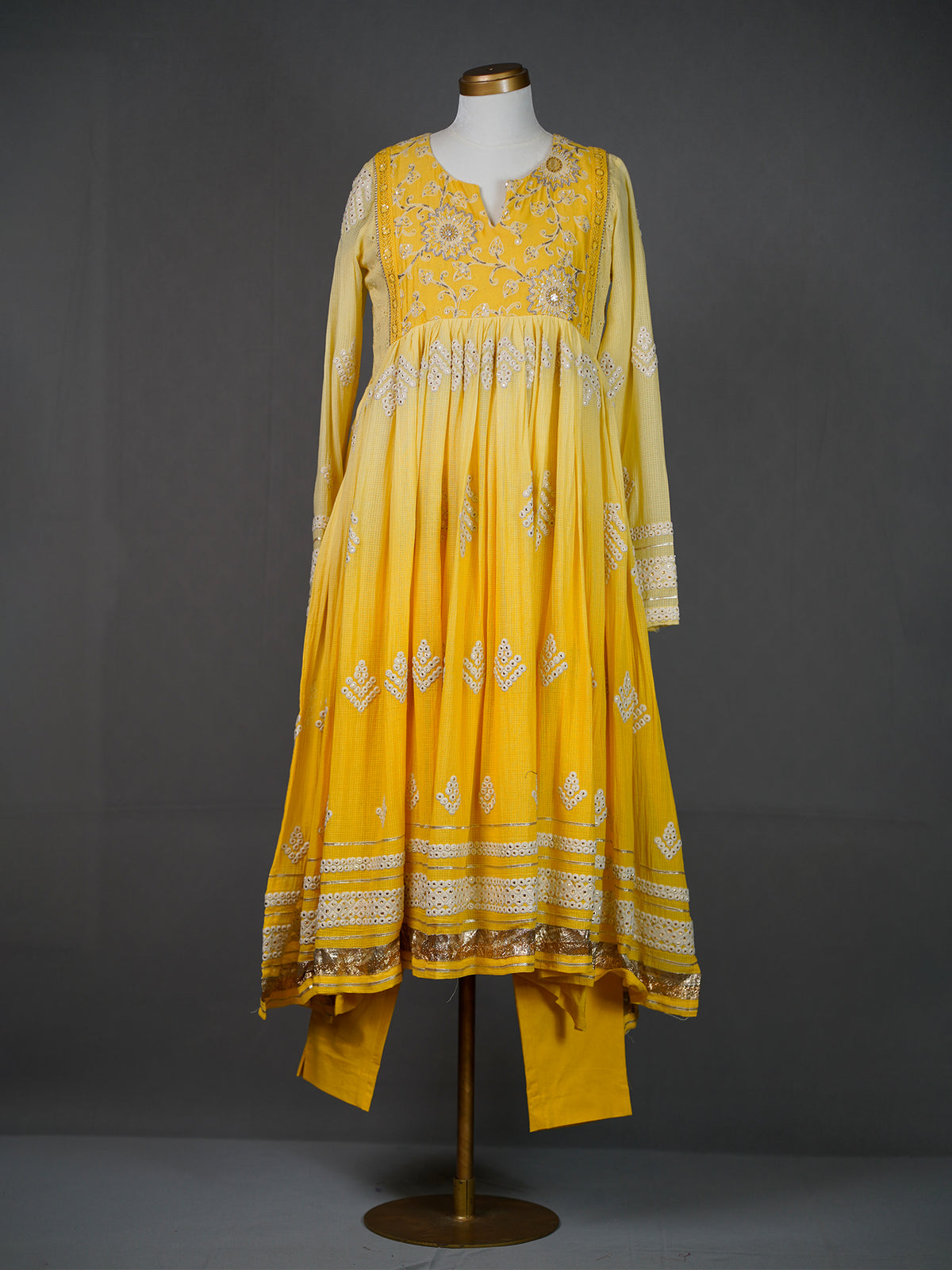 Yellow Shaded Anarkali Kurti with Mirror Embroidery and Pants