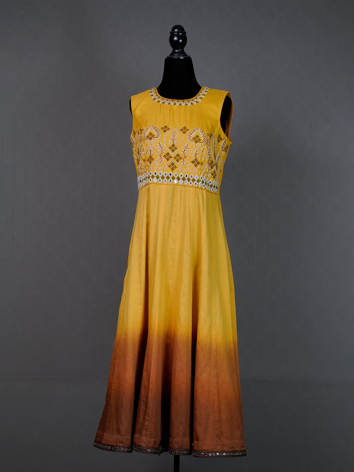Yellow Shaded Sleeveless Kali Kurti with Thread and Mirror Work