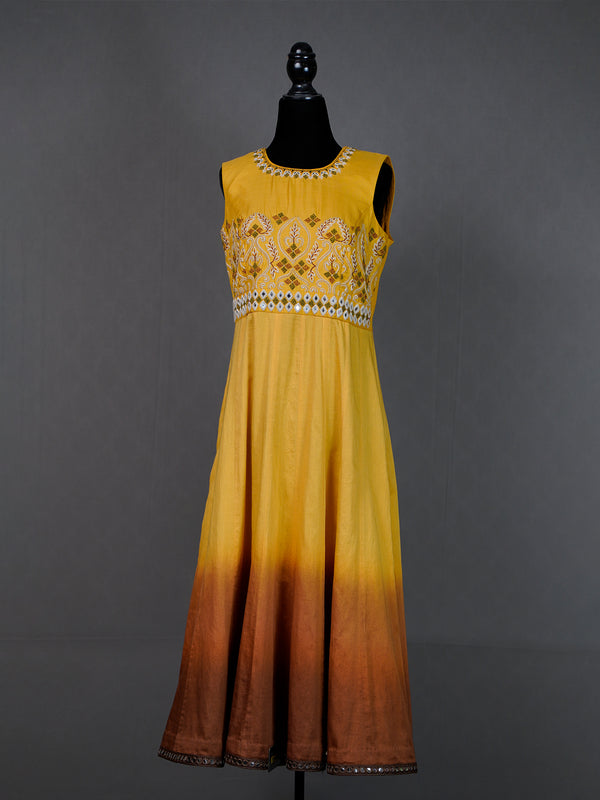 Yellow Shaded Sleeveless Kali Kurti with Thread and Mirror Work