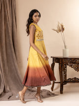 Yellow to brown ombre shaded kali frock with thread and mirror handwork detailing