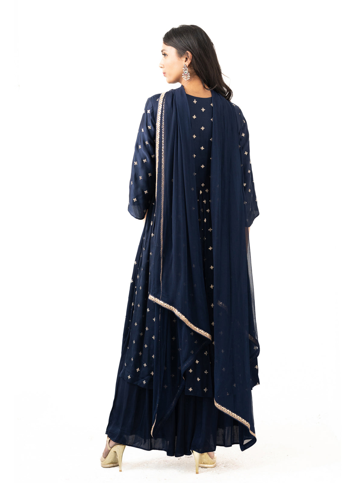 Zari and sequin embroidered top with chiffon dupatta and cut pants
