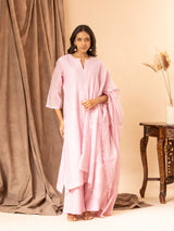 Soft baby pink cotton Chanderi top with all-over thread work, highlighted with sequins, paired with a dupatta featuring thread butti
