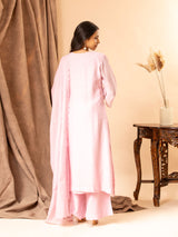 Soft baby pink cotton Chanderi top with all-over thread work, highlighted with sequins, paired with a dupatta featuring thread butti