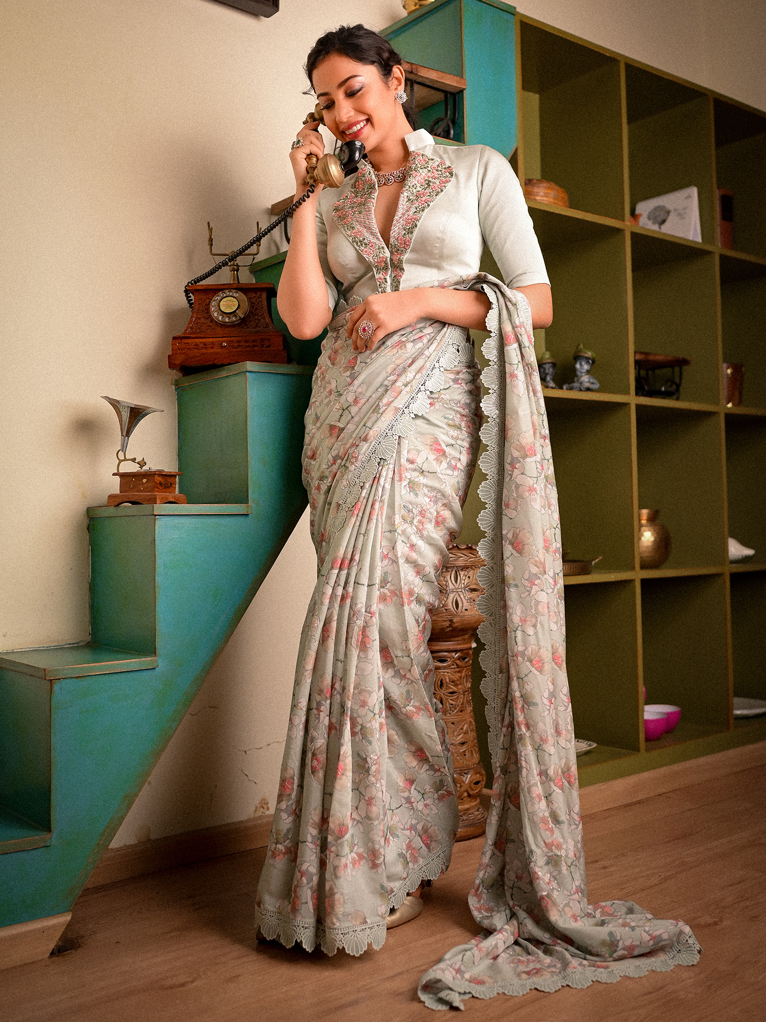 A Symphony of Flowers, Crochet and Sequins on Silk Saree