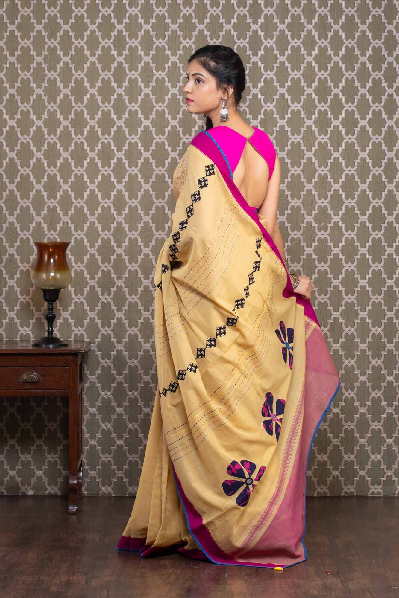 Beige handloom cotton saree with applique embroidery  mamatha tulluri