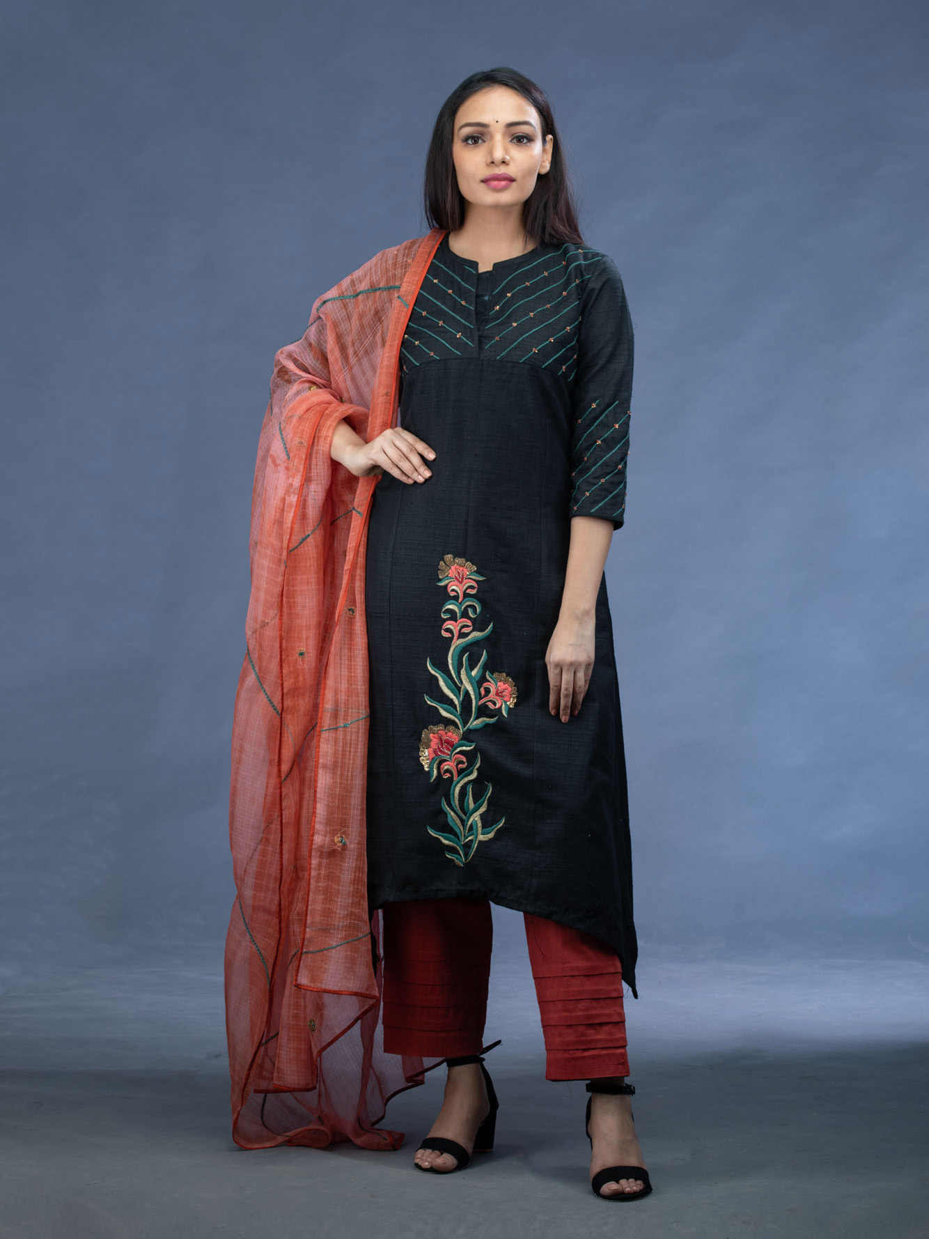 Black Embroidered Kurti with Kota Dupatta and Pants Mamatha Tulluri