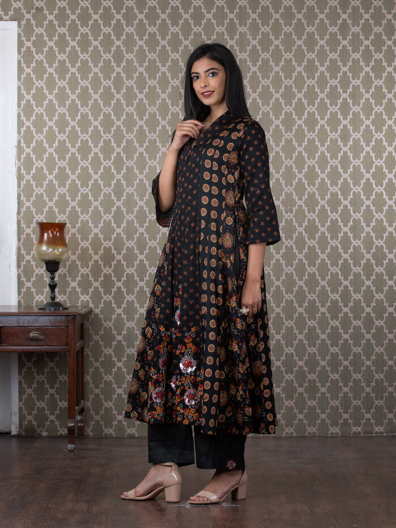 Black Printed Cotton Kalidar Kurti With Grey Pants  Mamatha Tulluri