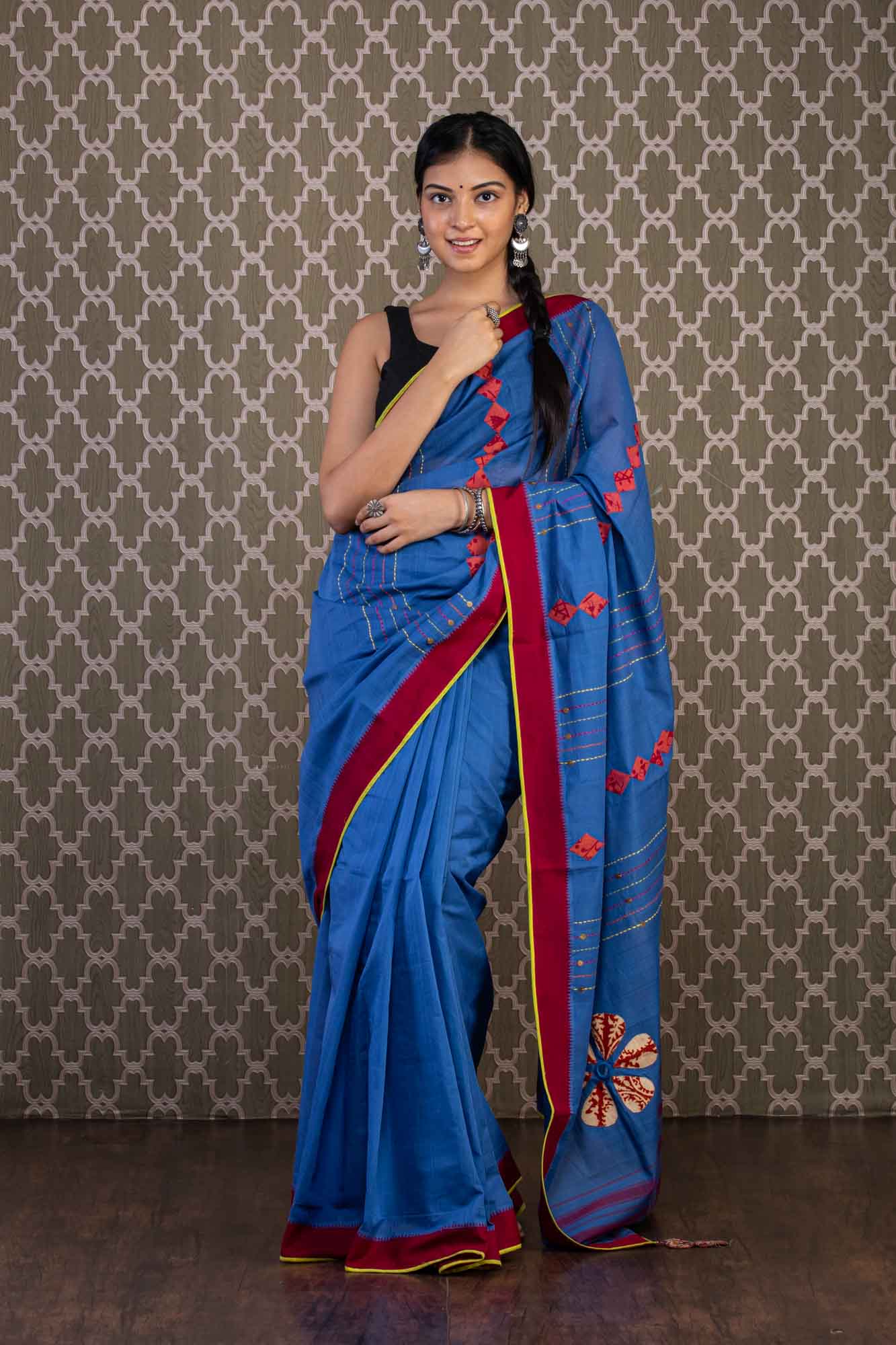 Blue handloom cotton saree with applique embroidery  mamatha tulluri