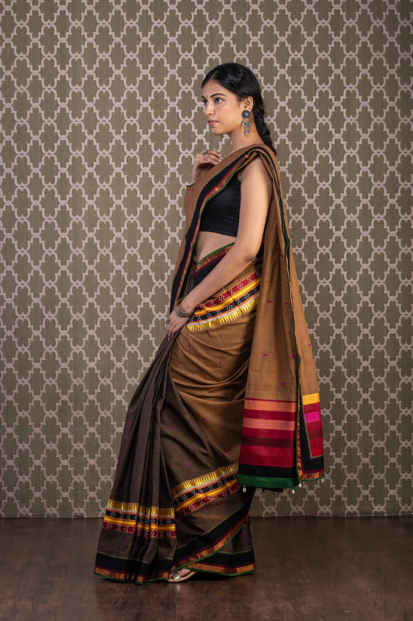 Brown Handloom Cotton Saree with Mashroo Borders Mamatha Tulluri
