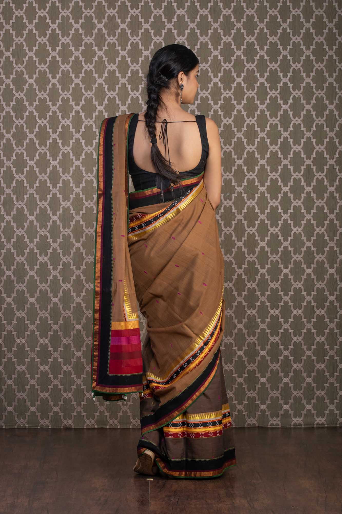 Brown Handloom Cotton Saree with Mashroo Borders Mamatha Tulluri