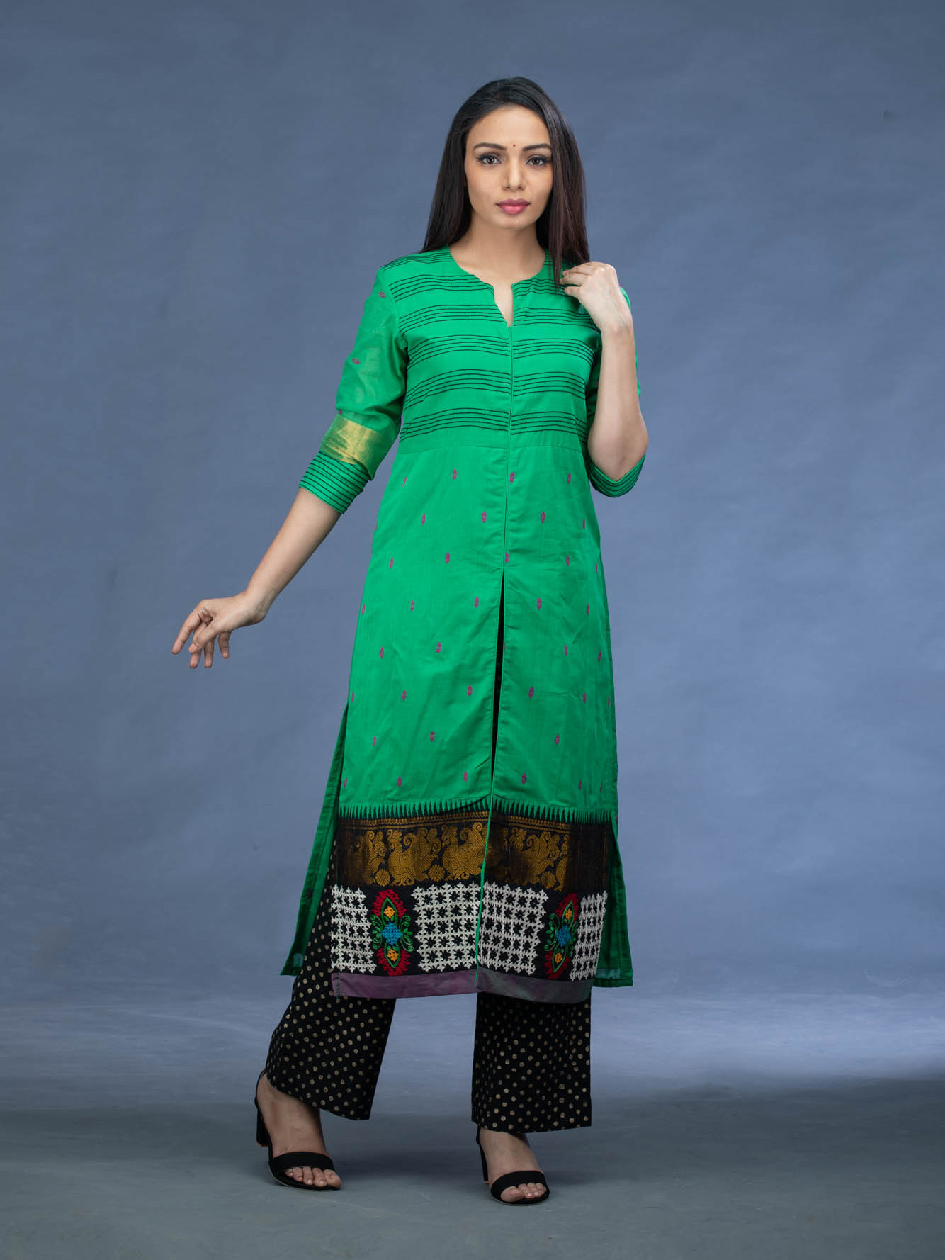 Green Embroidered Kurti with Printed Pants | Mamatha Tulluri