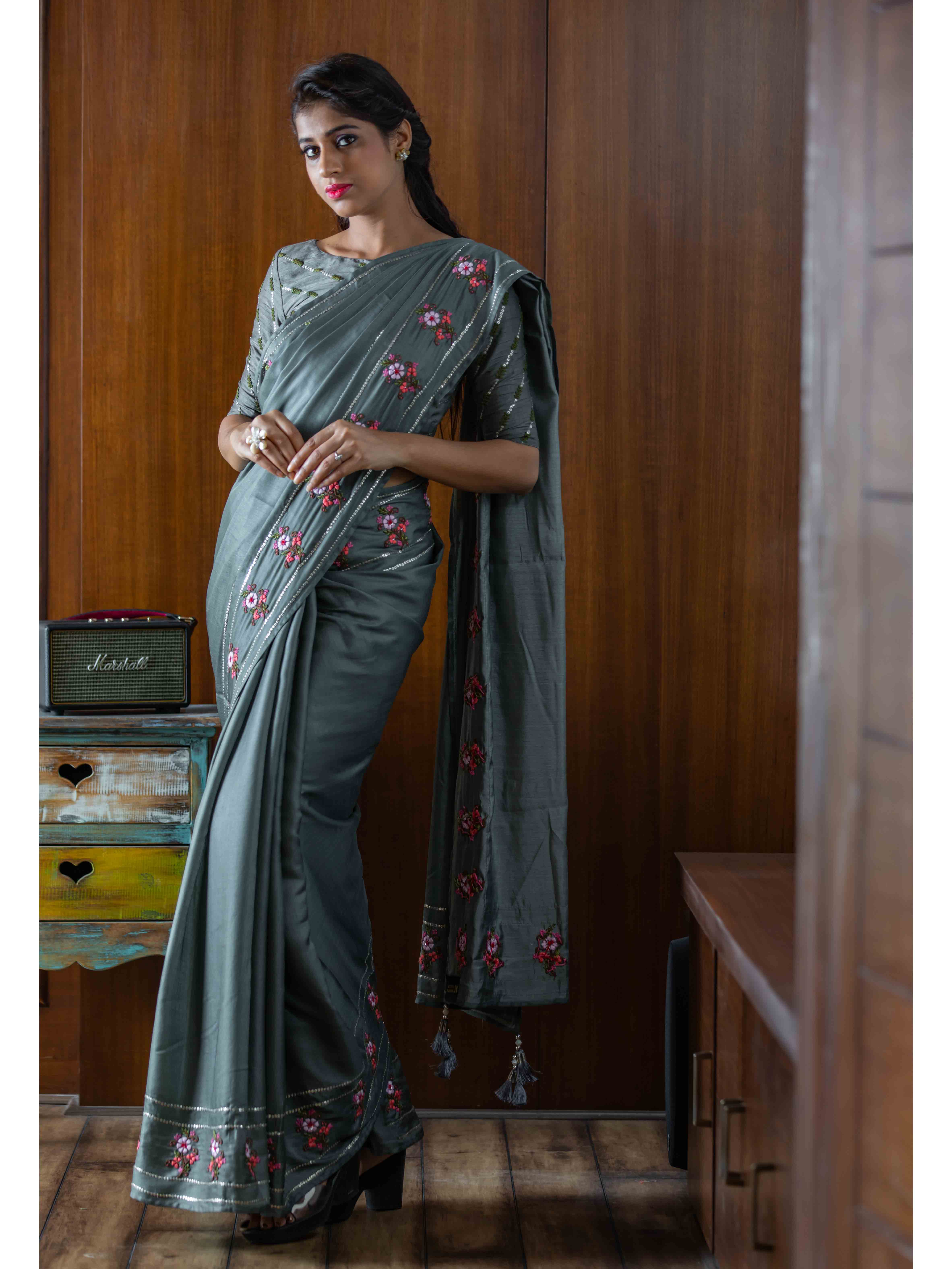 Latest Vichitra Silk Grey Thread & Zari Embroidery Saree with Embroidered  Blouse » BRITHIKA Luxury Fashion