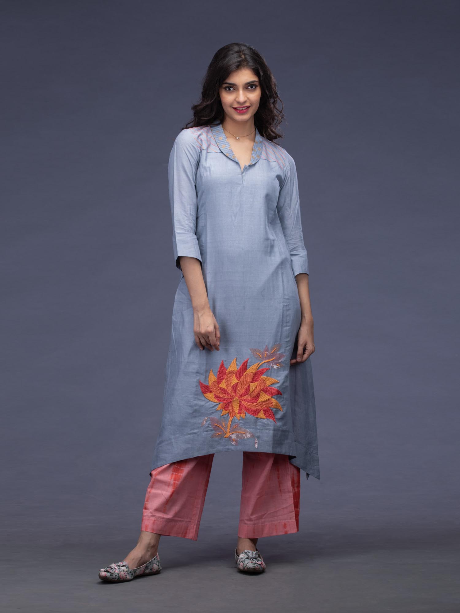 Grey Thread Embroidered Kurti with TienDye Pants Mamatha Tulluri