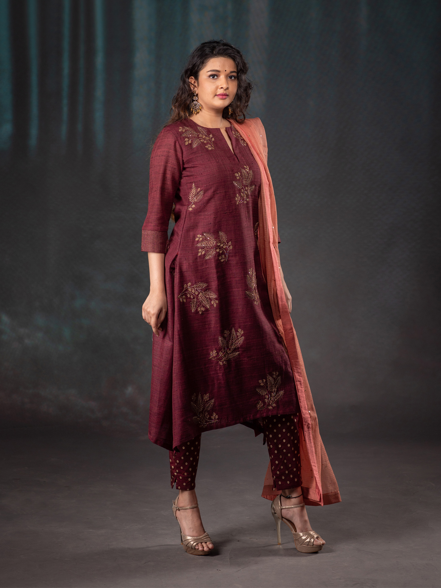 Maroon Cotton Embroidery Kurti With Stretchable Pants And Kota Dupatta