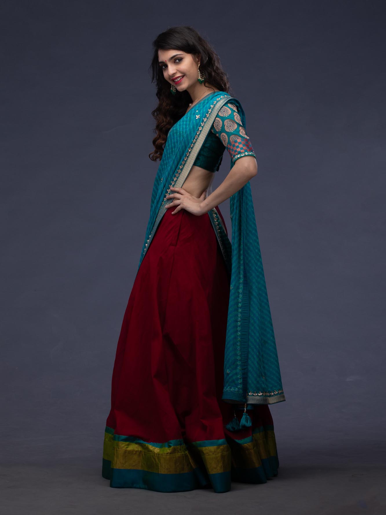 golden gown with maroon dupatta