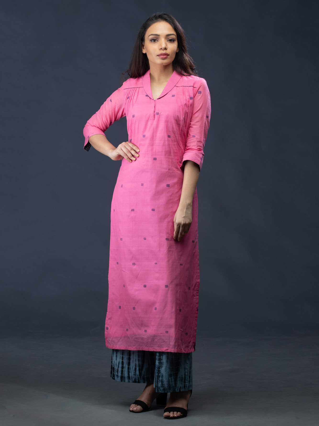 Pink Cotton Kurti with Grey Tie-n-Dye Pants | Mamatha Tulluri