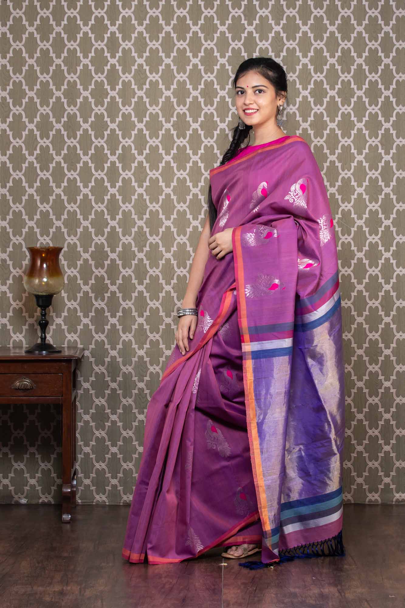 Purple Organic Dyed Handloom Cotton Saree with Zari Peacock Motives ...