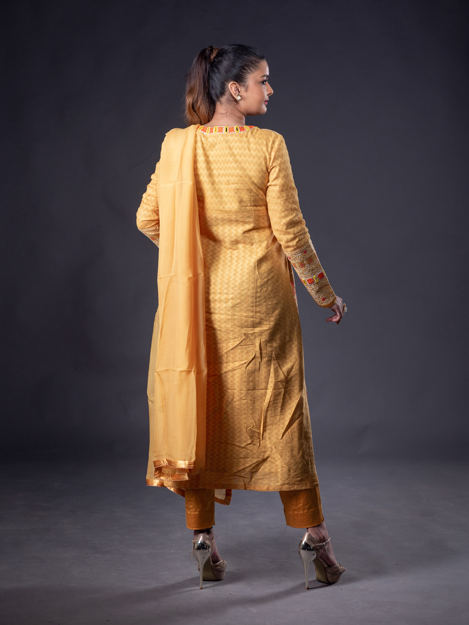 Yellow Chikankari Kurti With Hand Embroidery and Mirror Work Paired With Chiffon Dupatta 