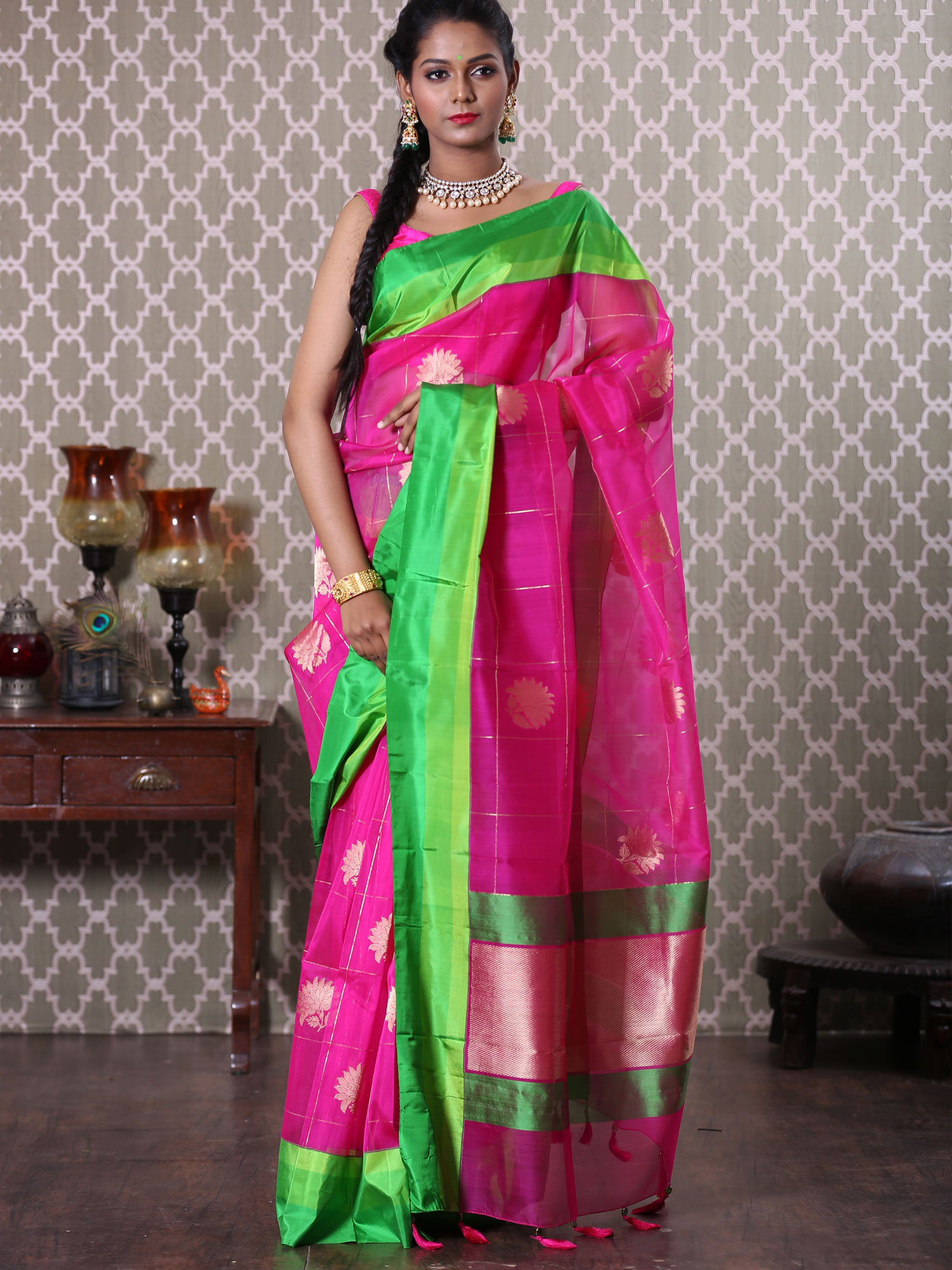 Pink Banarasi Kora Saree with Green Border Mamatha Tulluri