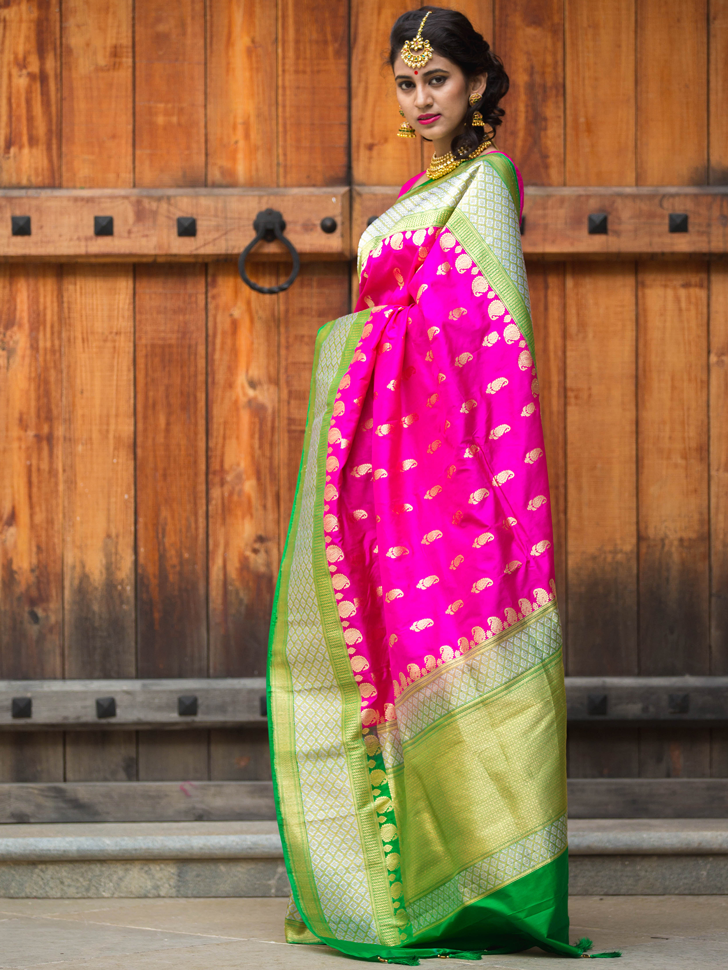 Buy Sunderani Dark green and Pink banarasi saree silk blend woven jacquard  saree for women (Ram Sita) (Dark Green and Pink) at Amazon.in