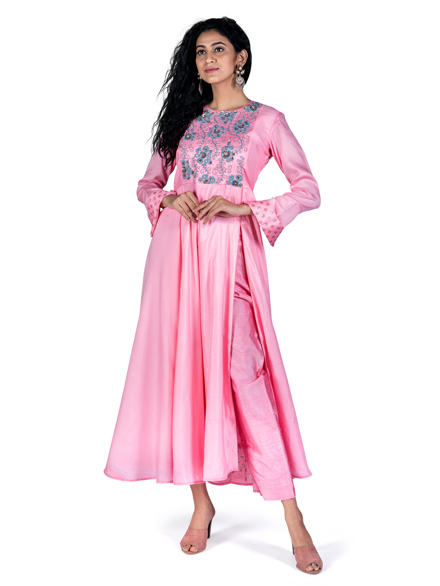 Pink Chanderi Anarkali Kurti with Tread Work Yoke | Mamatha Tulluri