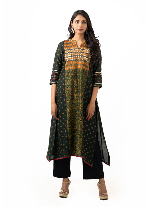 Ajrakh printed cotton chanderi dress paired with straight cut pants