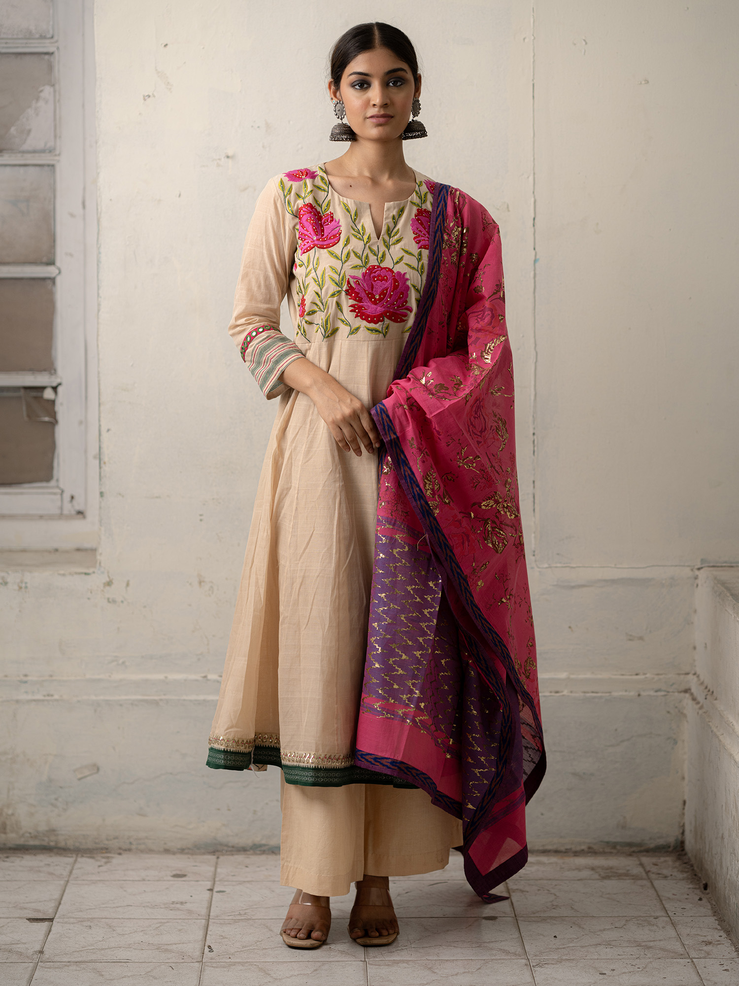 Beige Hand-Woven Cotton Embroidered Kurti with Pants and Golden Foil Print Dupatta