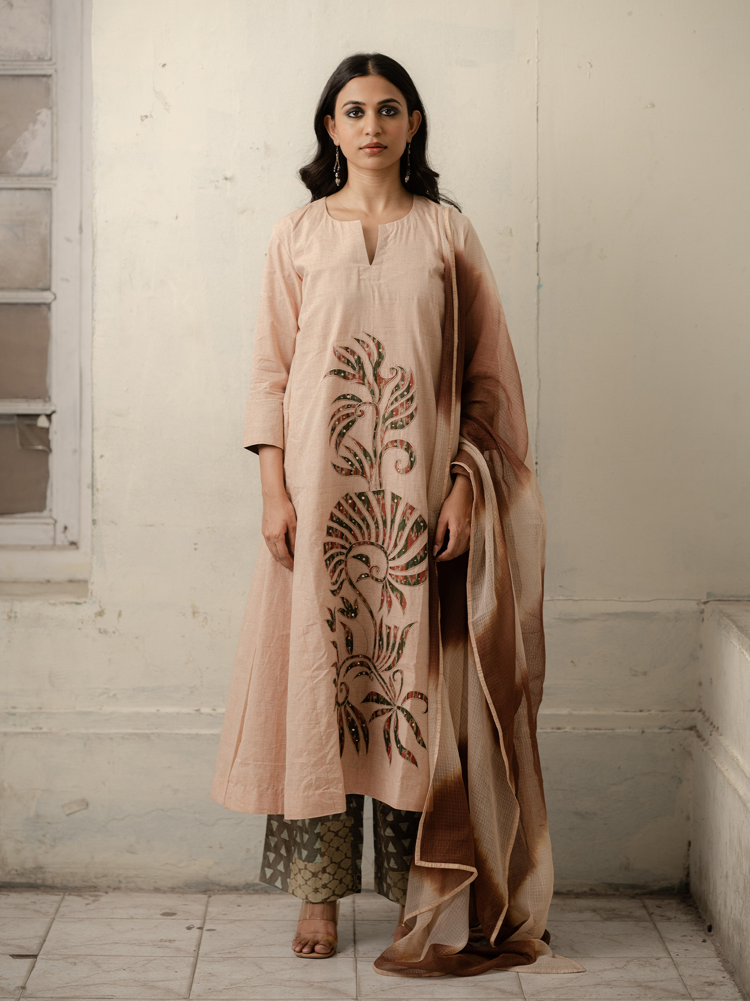 Beige Hand-Woven Cotton Kurti with Patchwork, Printed Pants and Shaded Dupatta