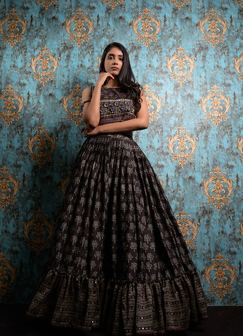 Black Ajrakh Print Lehenga With Hand Embroidered Blouse