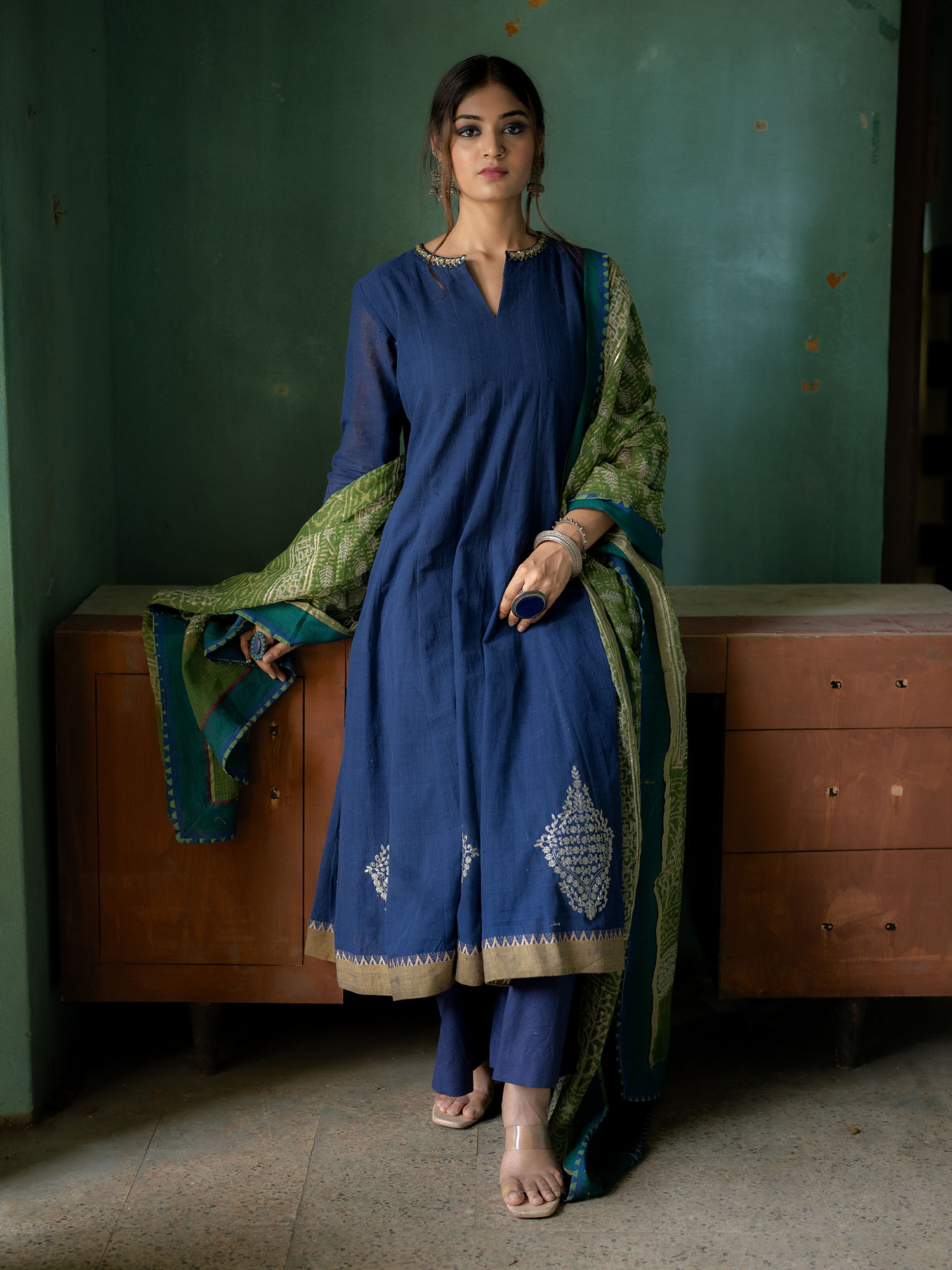 Blue Handwoven Cotton Kurti With Handwork, Contrast Dupatta