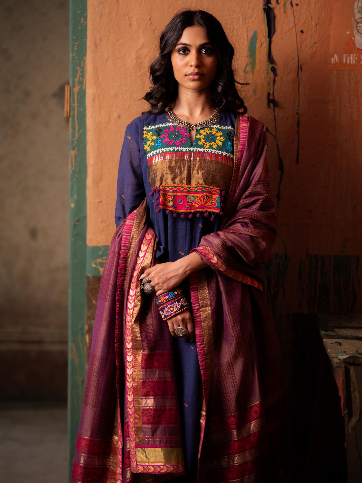Blue Handwoven Cotton Kurti with Striking Kutch Work, Dupatta