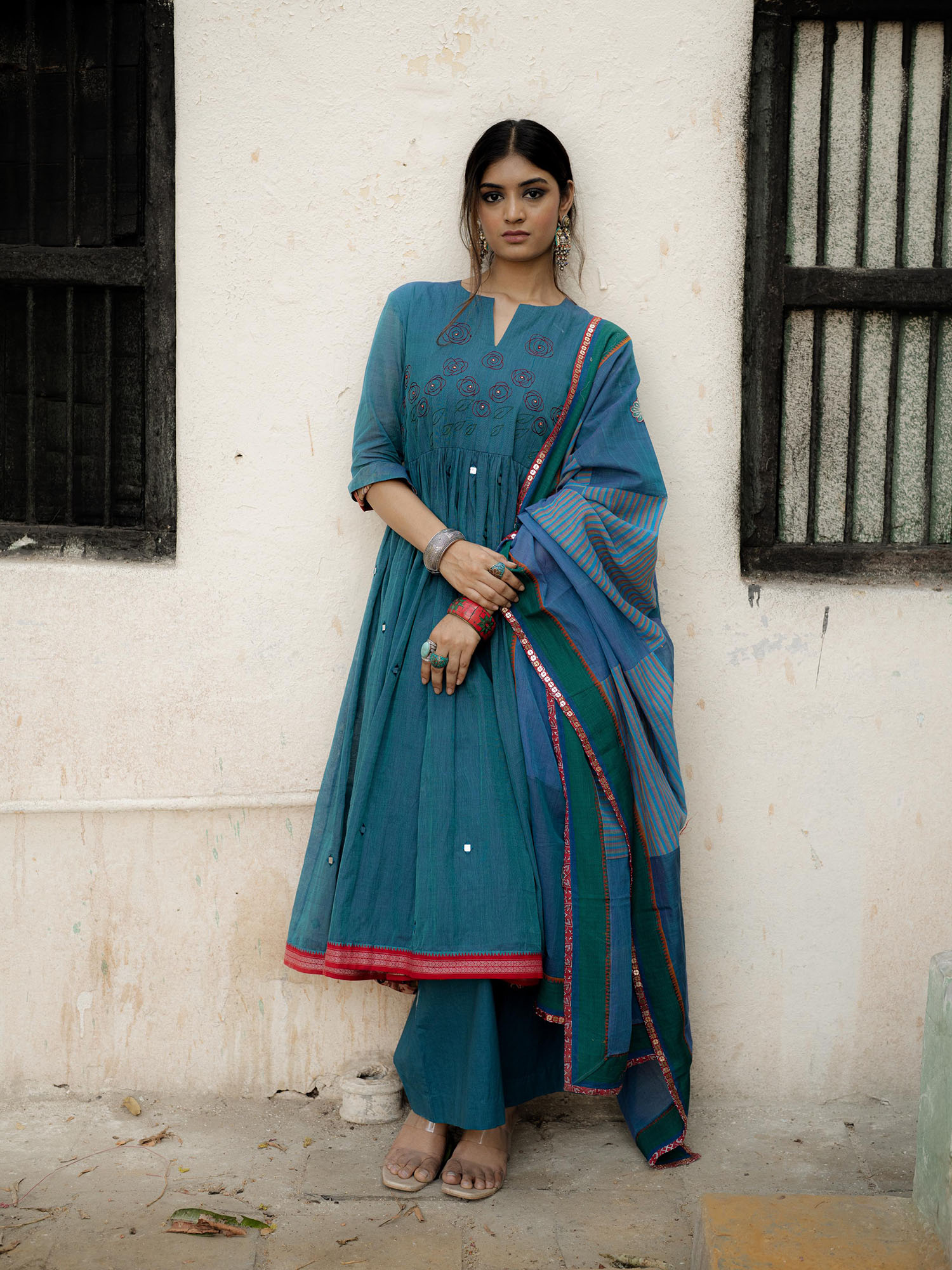 Blue Handwoven Cotton Kurti with Thread n Mirror Work, Dupatta