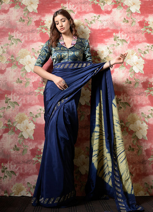 Blue Tie and Dye Silk Sari with Ajrakh Print Mashru Silk Blouse