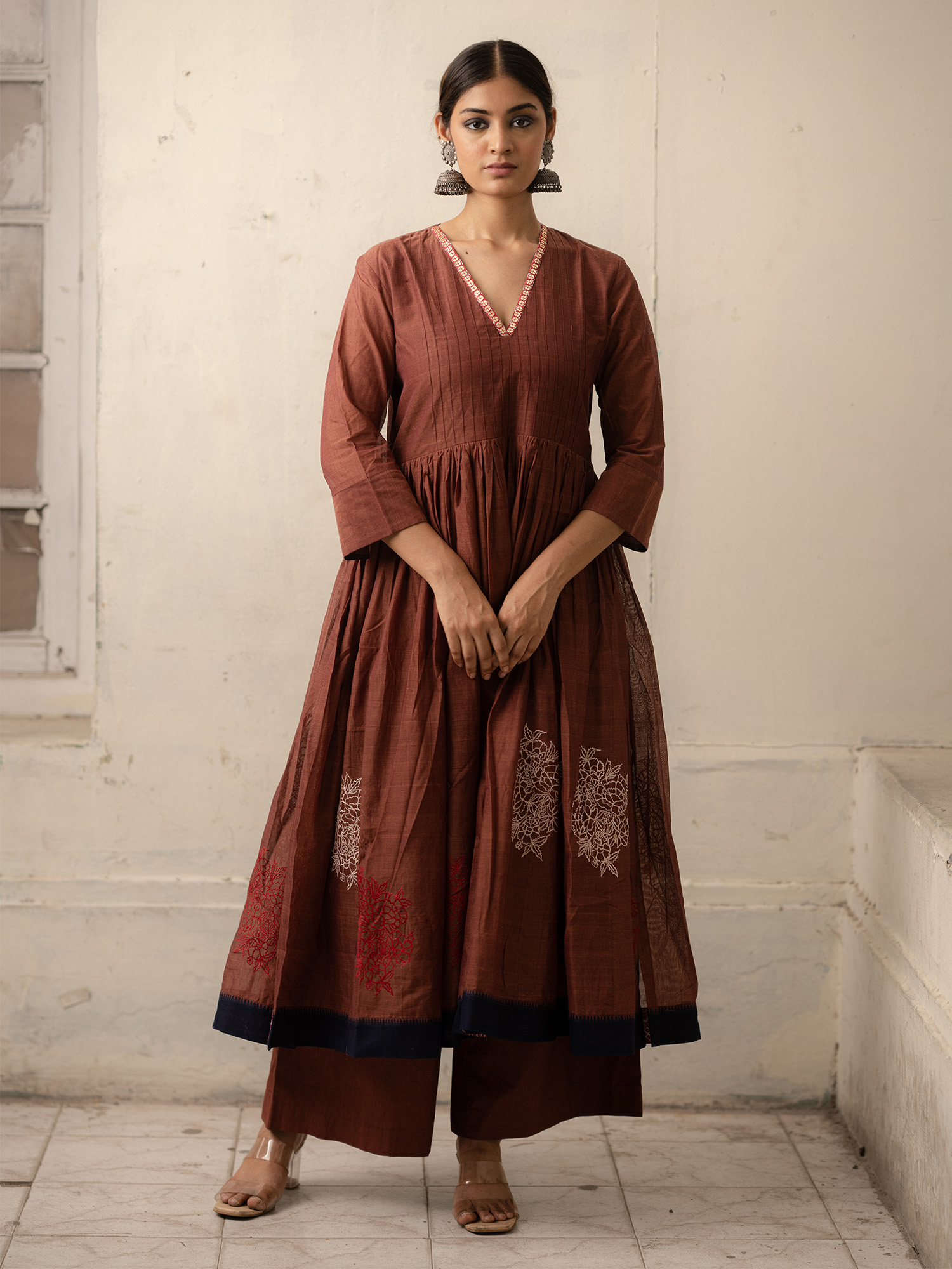 Brown Hand-Woven Cotton Kurti with Gota Embroidery and Monochrome Hand-Woven Cotton Pants
