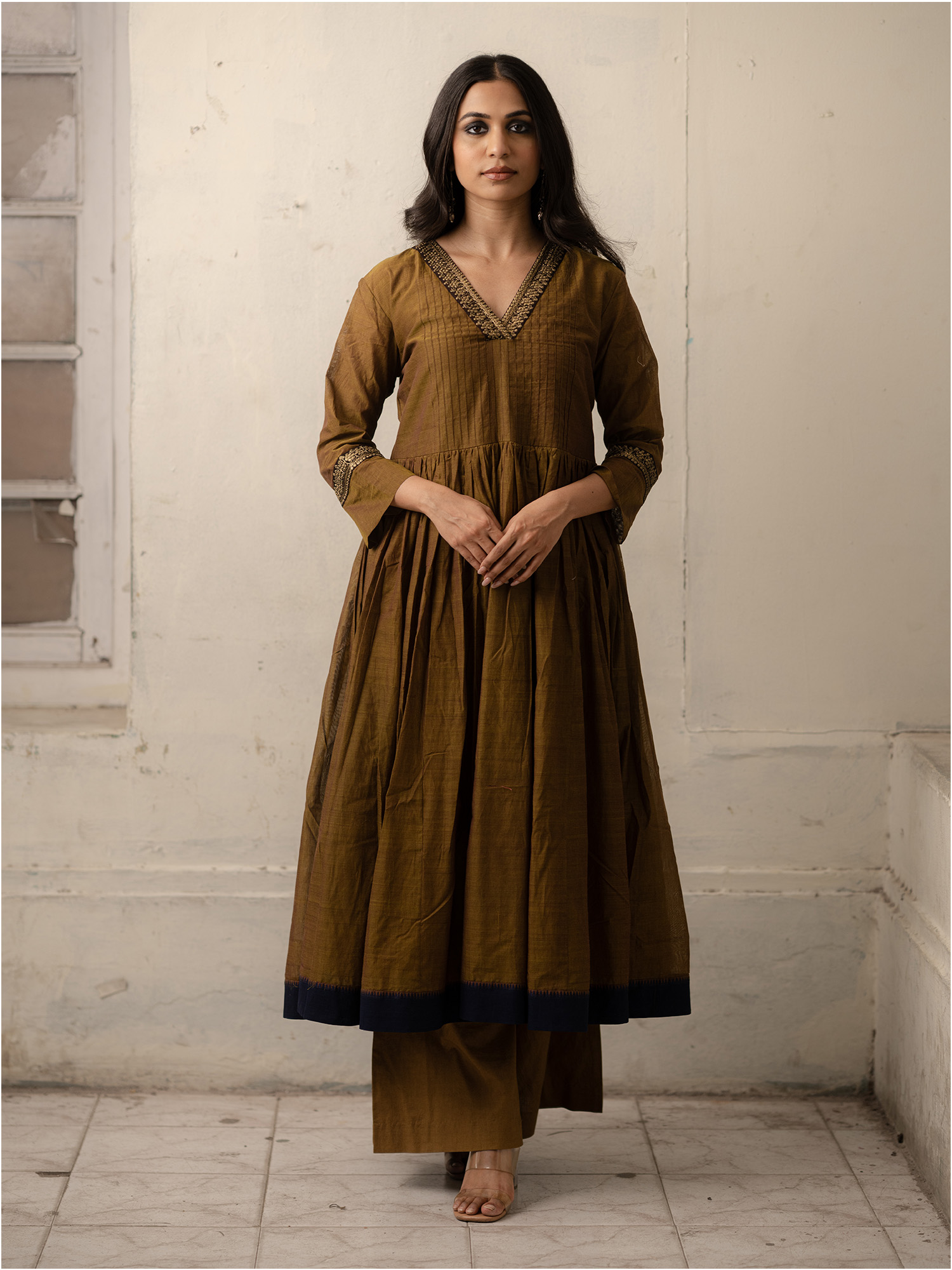 Brown Hand-Woven Cotton Kurti with Pita work Embroidery and Monochrome Pants