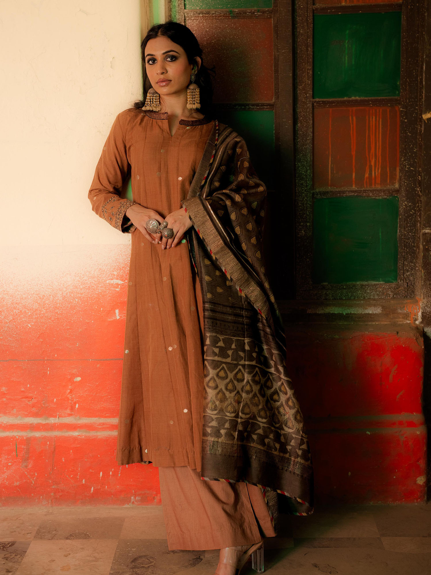 Brown Handwoven Cotton Kurti with Pitta and Sequins Work