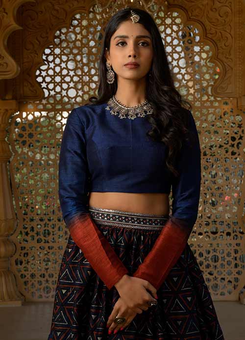 Dark Blue Chanderi Ajrakh Print Lehenga with Raw Silk Blouse