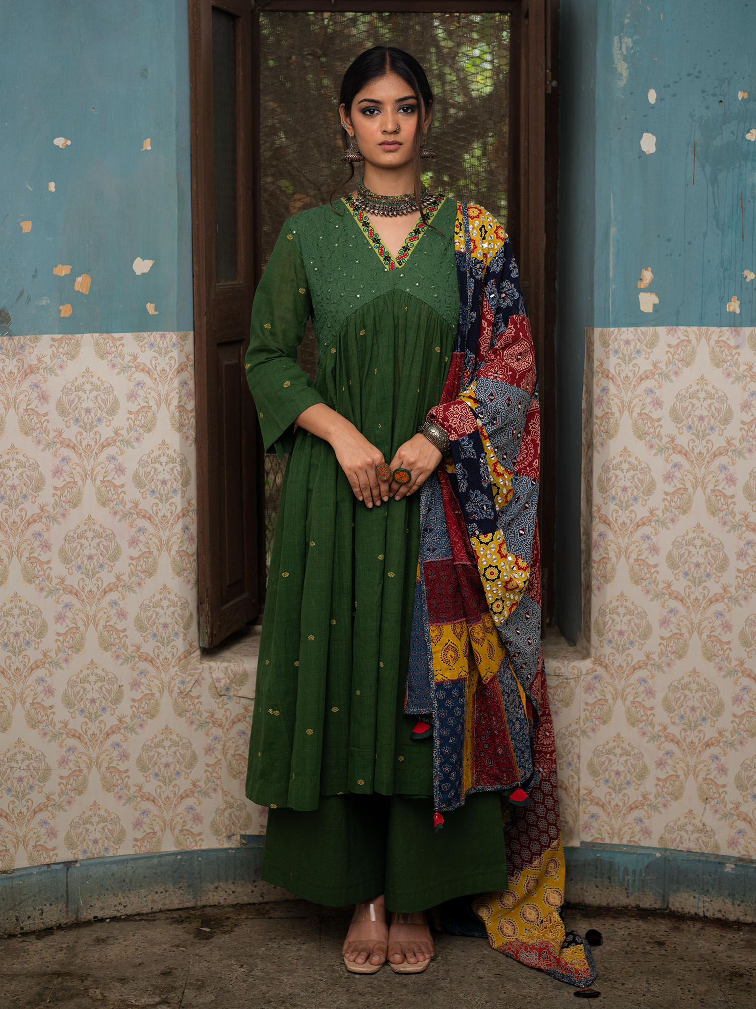 Green Handwoven Cotton Kurti with Thread and Mirror Work