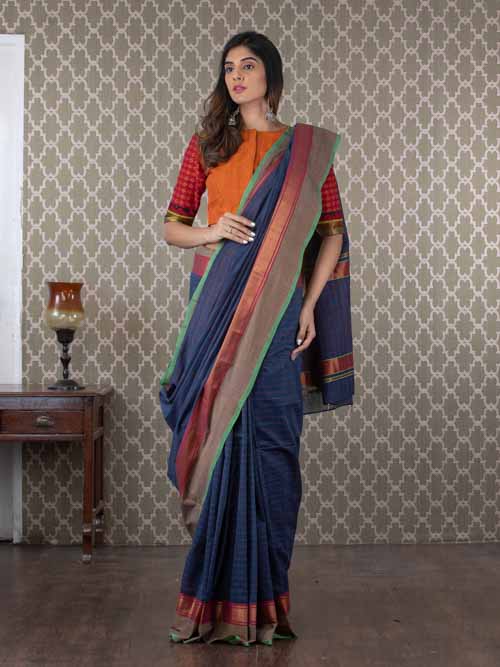 Handwoven Blue Cotton Sari with Zari Border