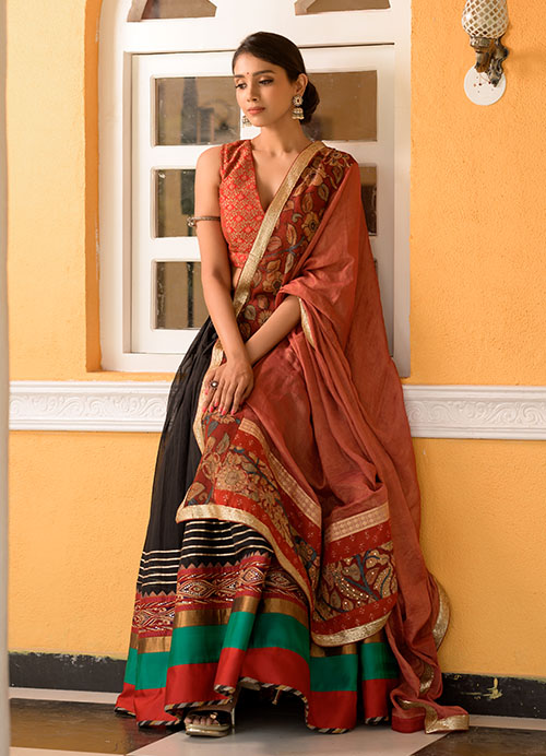 Handwoven Cotton Lehenga with Brocade Blouse and Kalamkari Dupatta