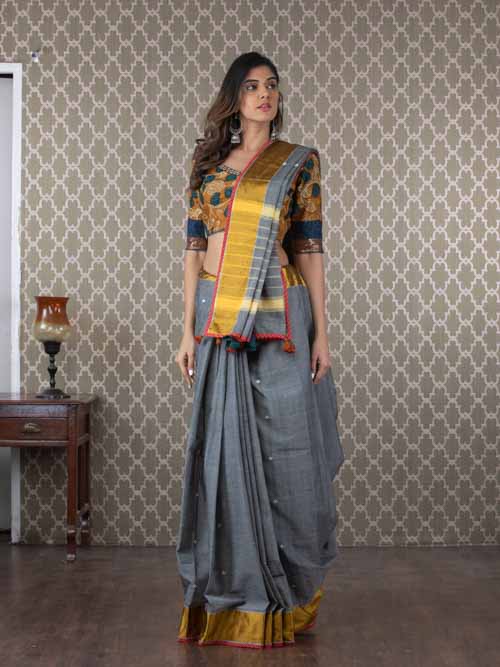 Handwoven Grey Cotton Chanderi Sari