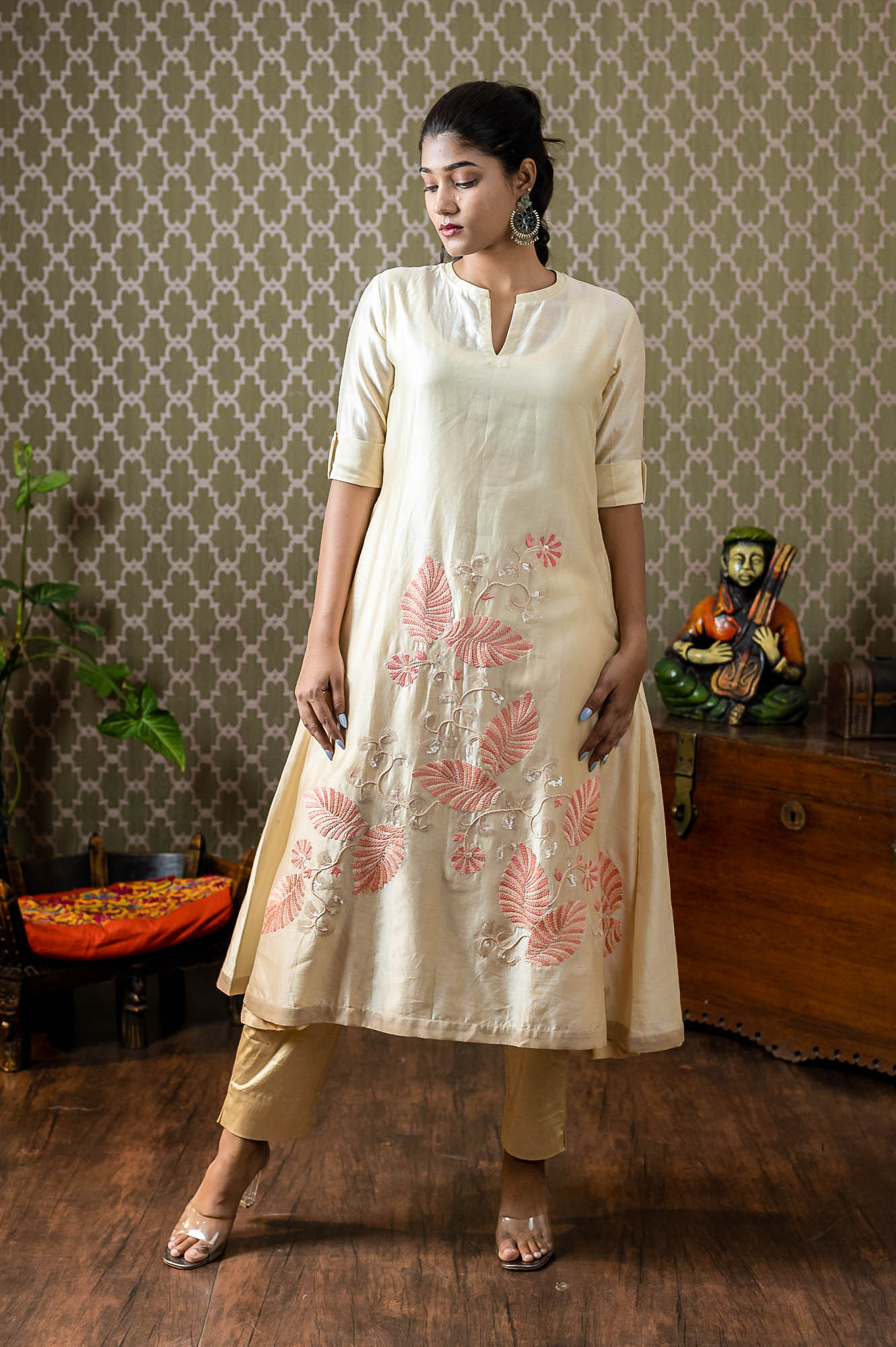 Hand woven Khadi top with thread and sequin embroidery paired up with stretchable pants