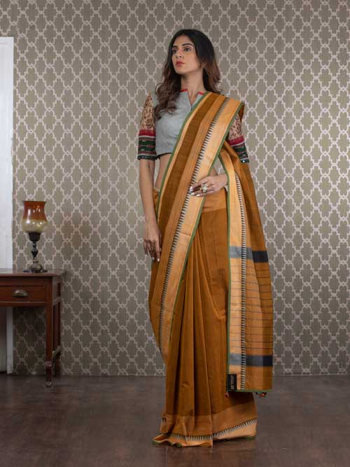 Handwoven Mustard Cotton Sari