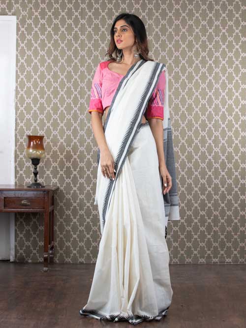 Handwoven White Malkha Cotton Sari