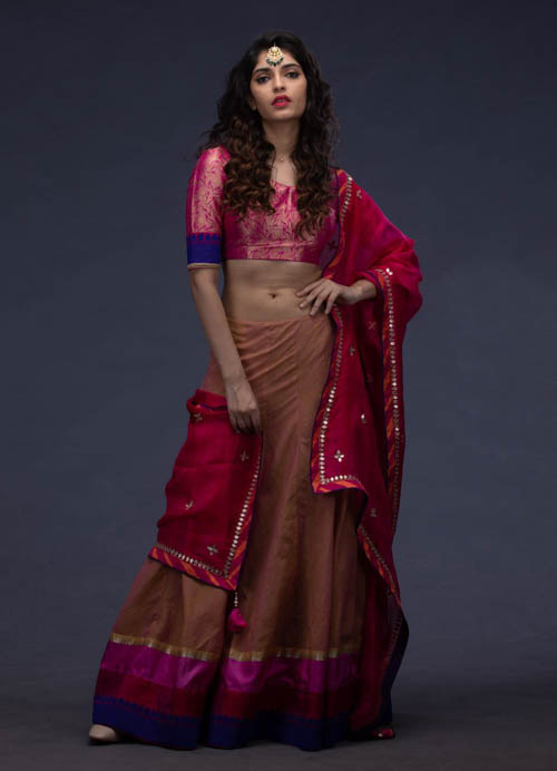 Light Brown Lehenga Set with Tie-n-Dye Kota Dupatta