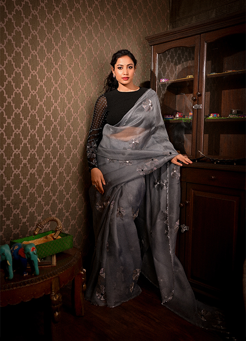 Look Ethereal in Sheer Grey Organza Saree with Black Blouse